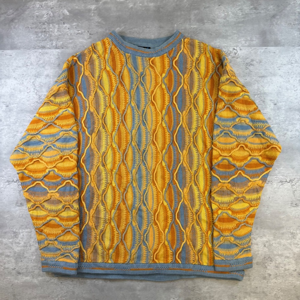 Bergati Mens 3D Textured Knit Sweater Large Orange Blue Coogi Style Retro 90s